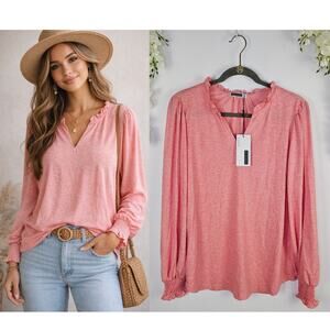 New Kikula Blouse Top Large Coral Pink Ruffle V-Neck Smocked Cuffs Boho Casual
